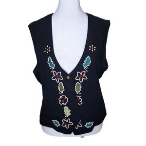 Vintage  80s Sleeveless Vest Womens Size S Black Tie Back Embroidered Leaves Fal